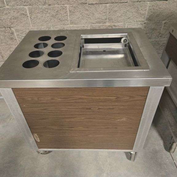 Servo Lift Tray Dispenser on Casters with Wood Laminate Trim - 38.5" x 28.5" x 26" - NSF Approved