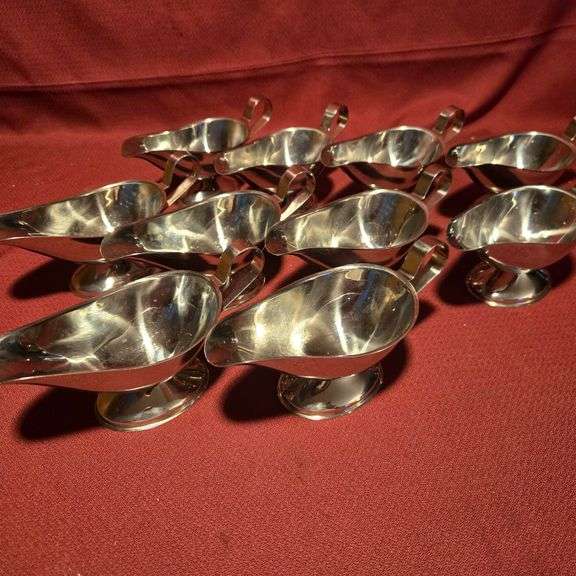 (10) Stainless Steel Gravy Boats, (1) Wicker Basket