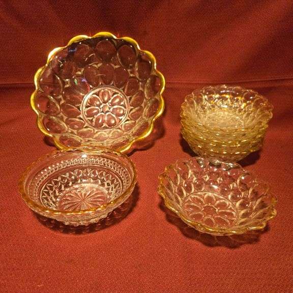(7) Glass Dessert Dishes with Gold Trim and Patterned Glass, (1) Glass Vegetable Dish with Gold Tr..