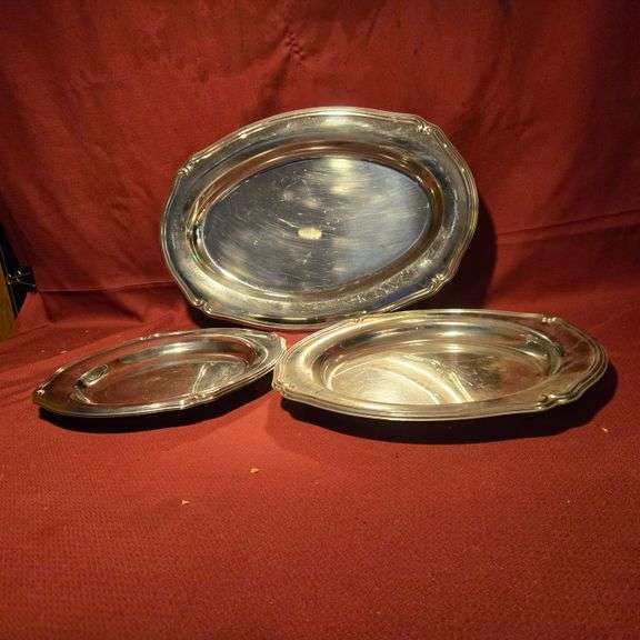 (2) 11-1/2" Stainless Steel Serving Trays, (2) Oval Stainless Steel Serving Trays, (1) 13-3/4" St...