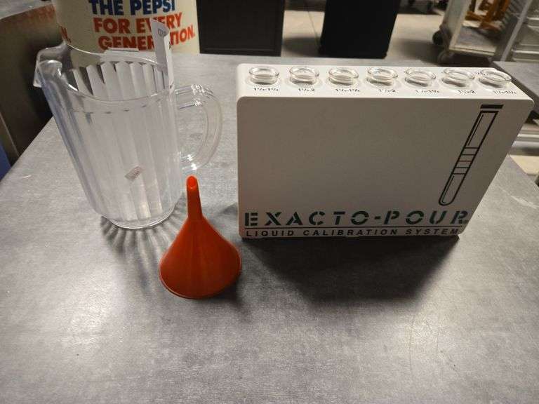 (1) Exacto-Pour Liquid Calibration System, (1) Polycarbonate Pitcher, (1) Polycarbonate Funnel