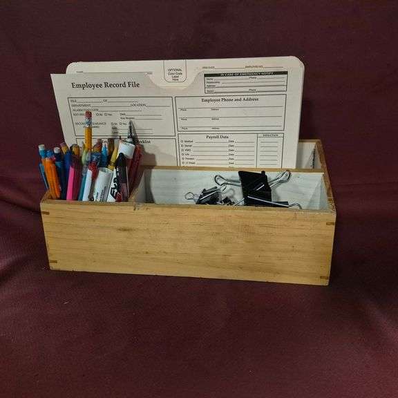 Assorted Office Supplies with Wood Desk Organizer and Employee Forms
