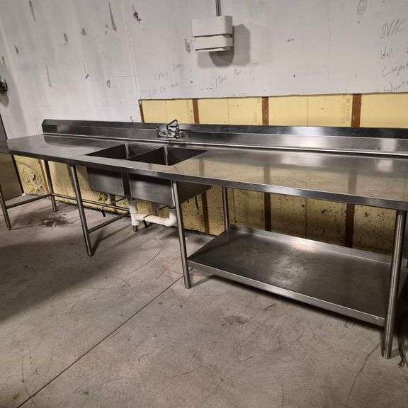 Stainless Steel 2 Compartment Sink with Work Station on Left and Right - 150" x 30" - NSF Approved