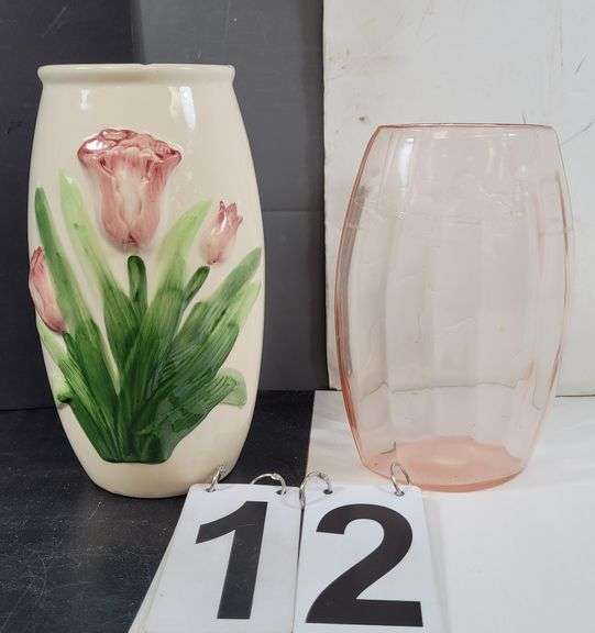 Pink Glass Etched Vase 8" - Majolica Style Tulip Vase 9.5"