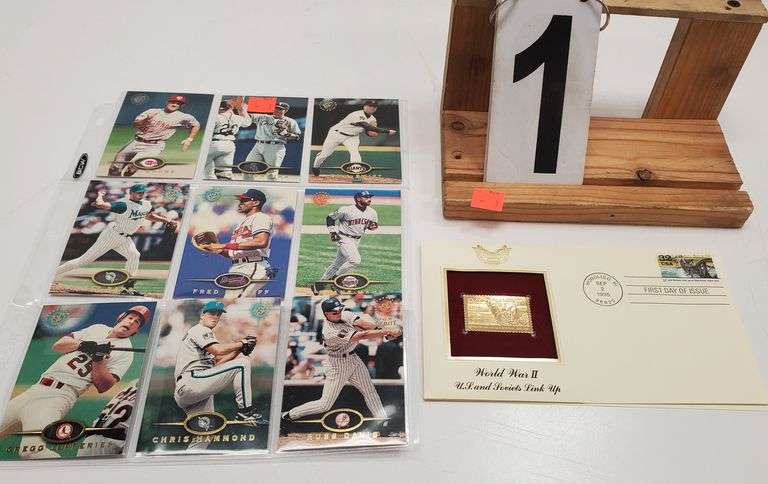 Sheet of 9 Tops Stadium Club Baseball Cards & World War II Gold Stamp