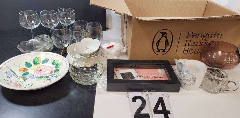 Box W/ Assorted Clear Glass - Shadow Box - Cups - Other Items