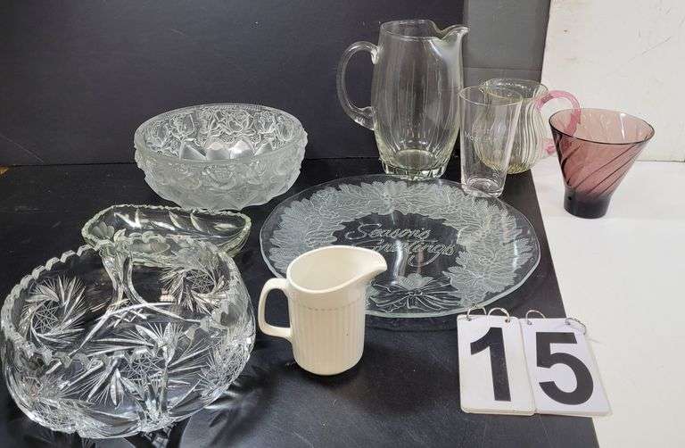 Box W/ 2 Pitchers - 2 Fruit Bowls - Purple Vase - Easter Cake Plate - Relish Dish