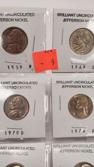 6 Brilliant Uncirculated Jefferson Nickels 1959P~1969S~1970D~1978P~1989P~1989D