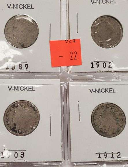 4 V-Nickels 1889 ~ 1902 ~ 1903 ~ 1912