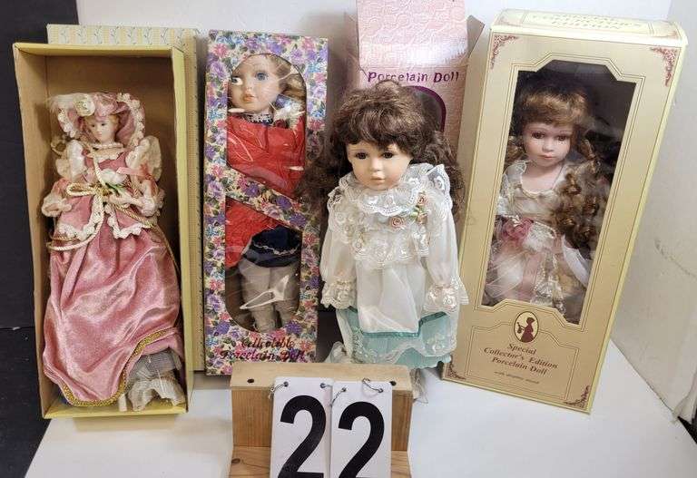 Box W/ 4 Porcelain Dolls 15.5" T