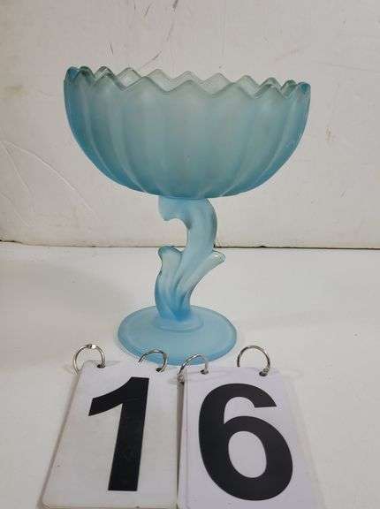 VTG Indiana Blue Frosted Glass Lotus Blossom Compote