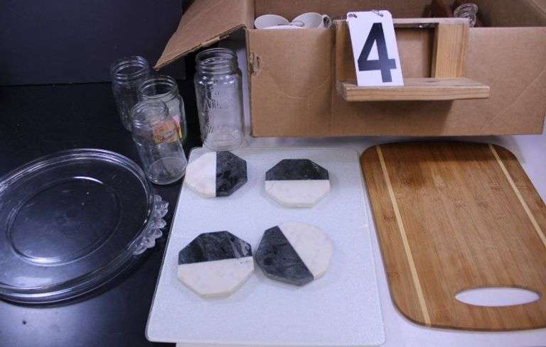 Box W/ Cutting Boards - Stone Coasters - Glass Jars -Napkin Holder - Other Items
