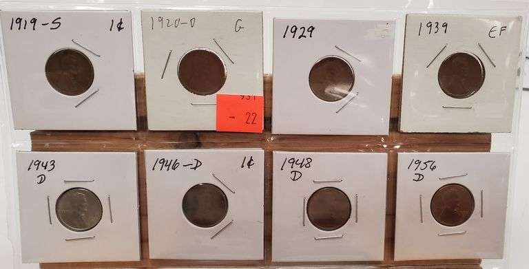8 Wheat Pennies 1919 S ~ 1920 D ~ 1929 ~ 1939 ~ 1943 D ~ 1946 D ~ 1948 D ~ 1956 D