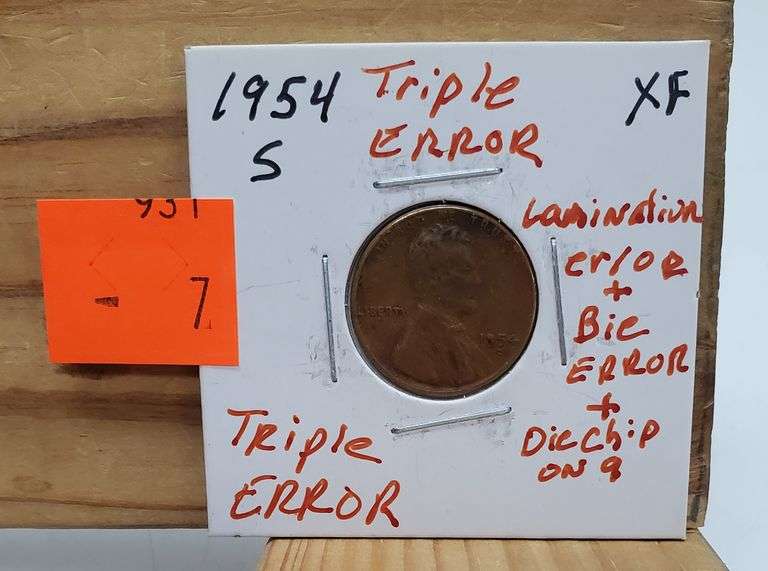 1954 S Triple Error ~ Lamination Error ~ Bie Error & Die Chip Wheat Penny