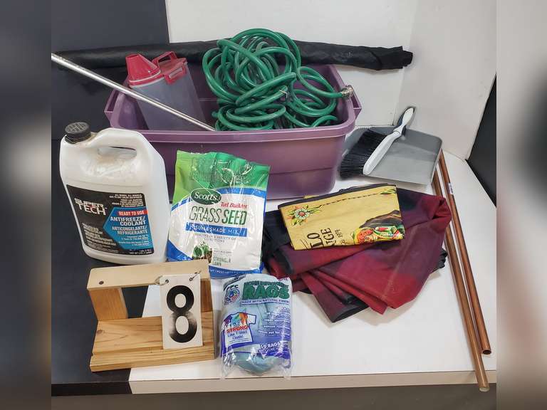 Purple Tote of Garden Supplies Includes Weed Cloth ~ Grass Seed & Much More