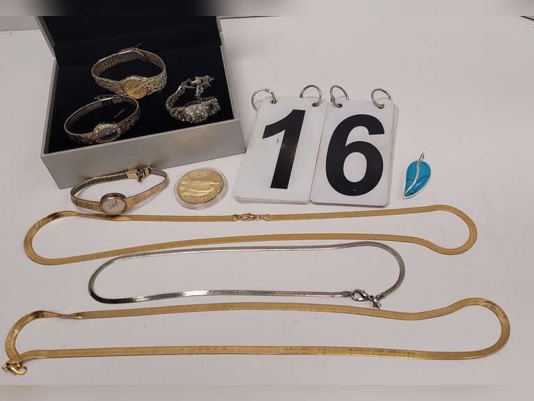 Gray Box of Jewelry Includes 4 Watches ~ Necklaces & A Copy Liberty Coin