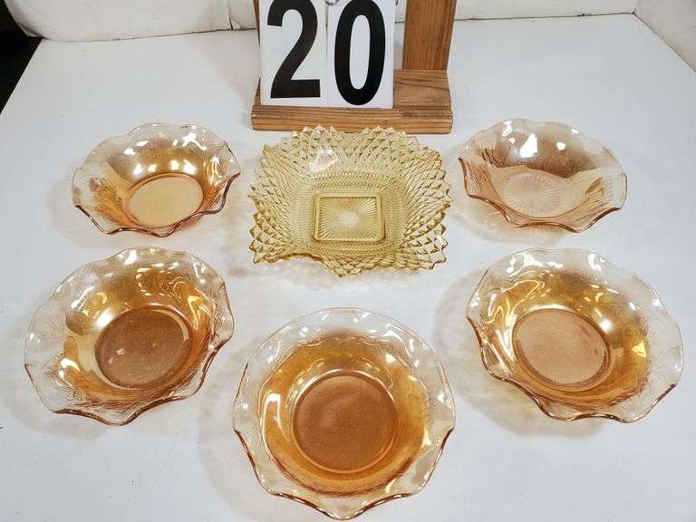 Yellow Depression Glass Dish - Marigold  Carnival Glass Ruffled Fruit Bowls  Bowls