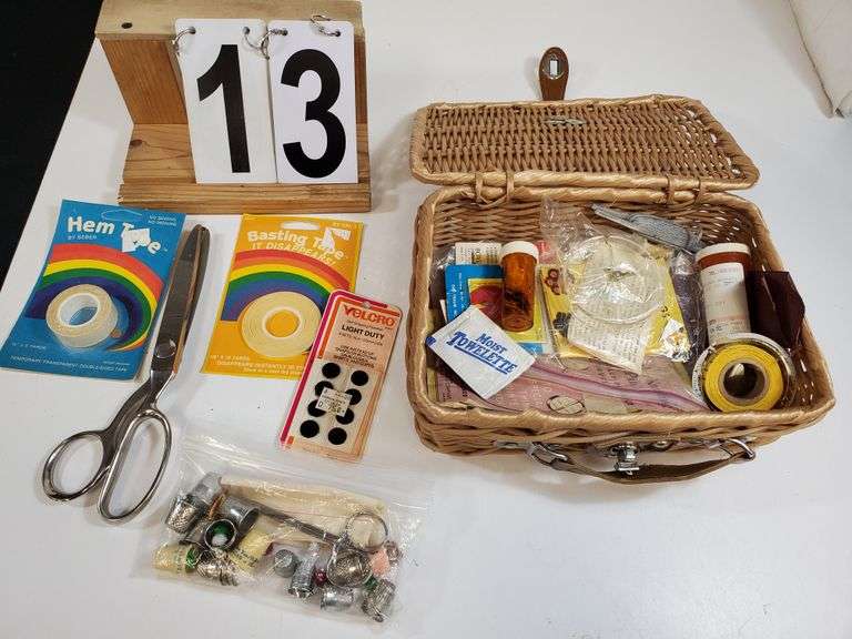 Wicker Sewing Basket W/ Scissors - Basting Tape - Other Items