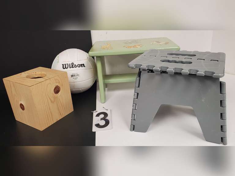 Box w/ Childs Wooden Stool ~ Gray Collapsible Stool ~ Wilson Volley Ball & Wood Kleenex Cover