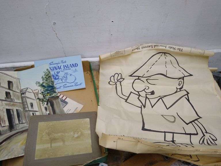 Vintage paper lot ,2 drawings of Mr Magoo, souvenir photo Mackinaw ...