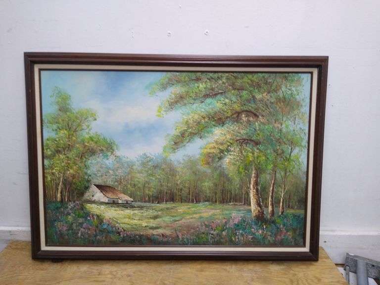 Spring cabin in the woods pallet knife painting on canvas, signed wood framed.FR