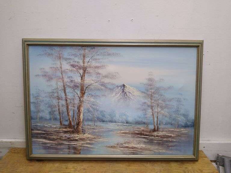 Winter mountain scene painting on canvas, signed wood frame.FR