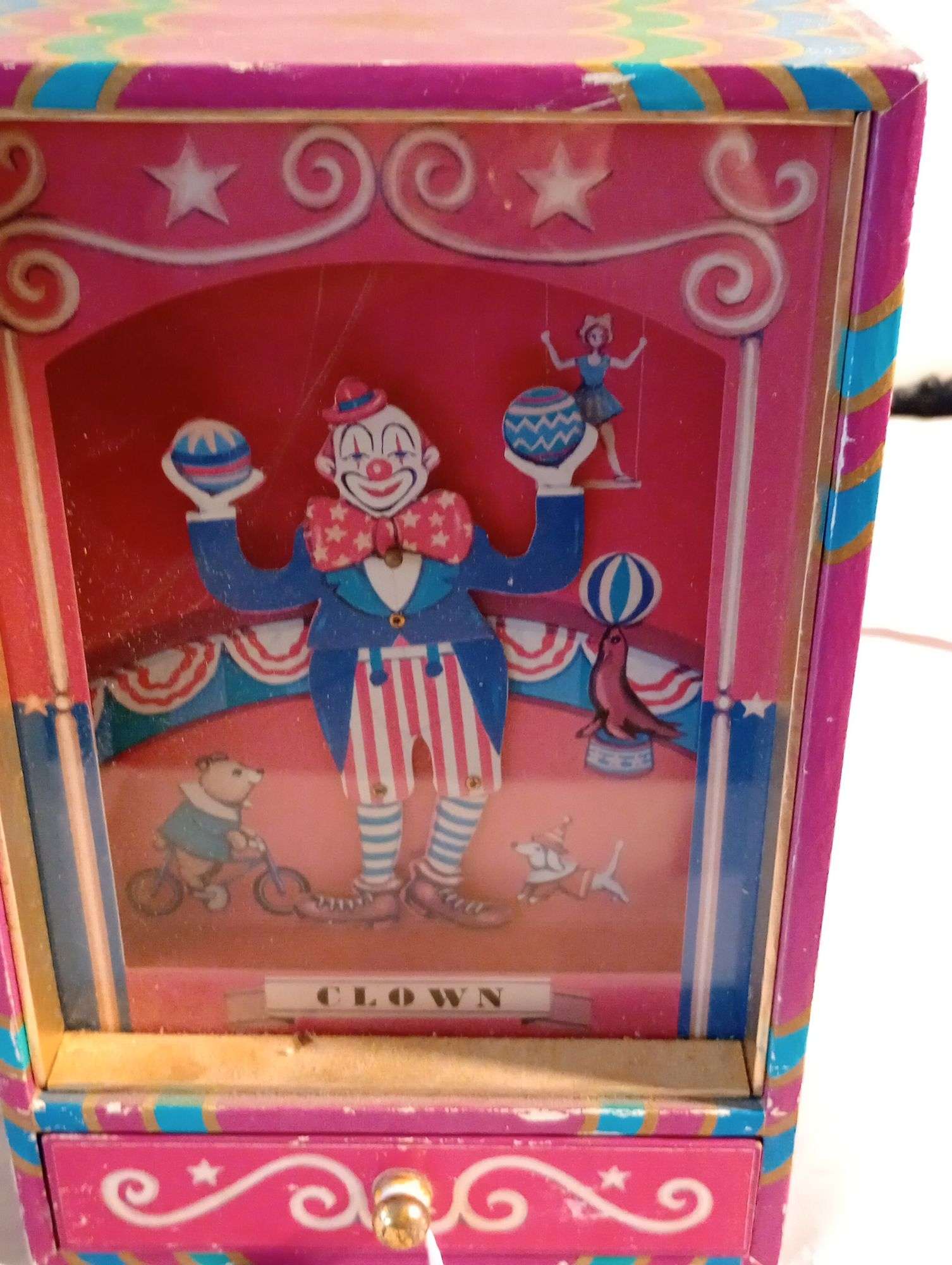 Vintage Otagiri 1980 clown music box open drawer clown