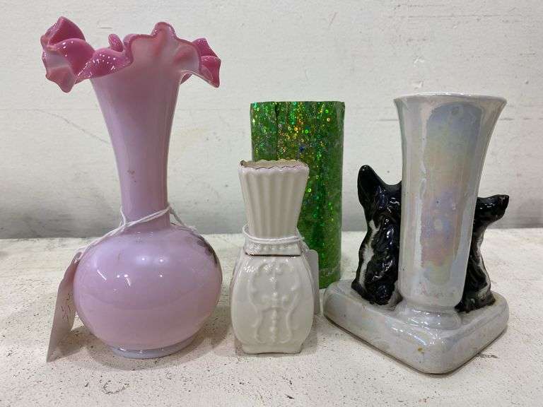 Small Belleek bud bass, Scotty dogs corner vase and hand blown, hand