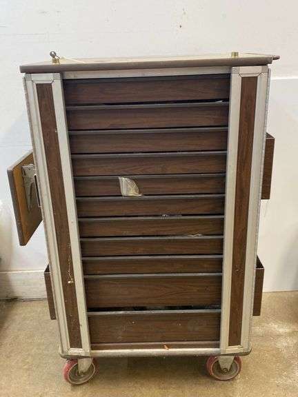 Vintage medication cart with garage type contents 40" x 22 1/2" x 54" tall
