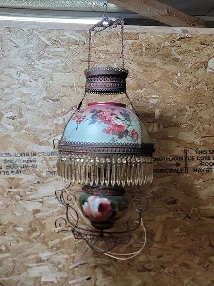 ANTIQUE FLORAL PAINTED VICTORIAN HANGING LAMP