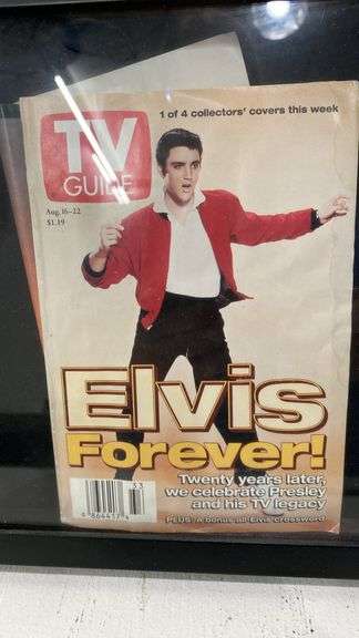 Three TV Guides with Elvis on covers in frame 1997 & 2000. 1a