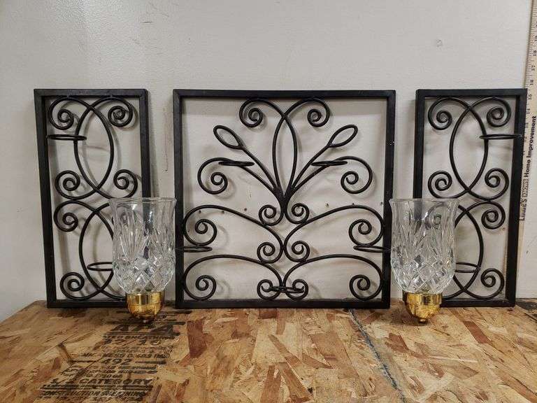 3 WALL HANGING CANDLE HOLDERS AND 2 CRYSTAL CANDLE HOLDERS. 0C