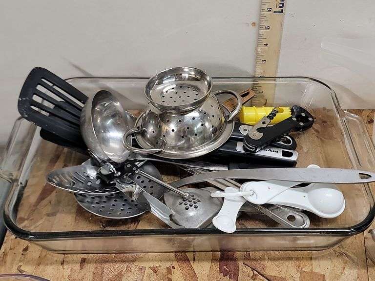 ASSORTED KITCHEN UTENSILS, GLASS PAN & MORE. 18C