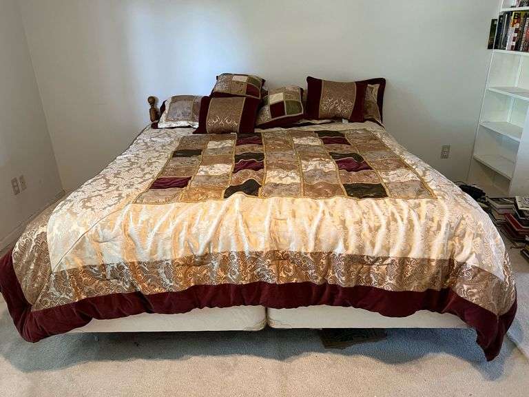King sized bed, frame, headboard and bedding