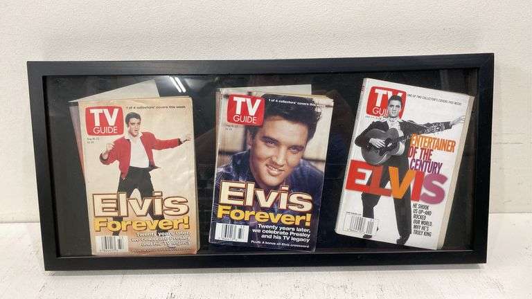 Three TV Guides with Elvis on covers in frame 1997 & 2000. 1a