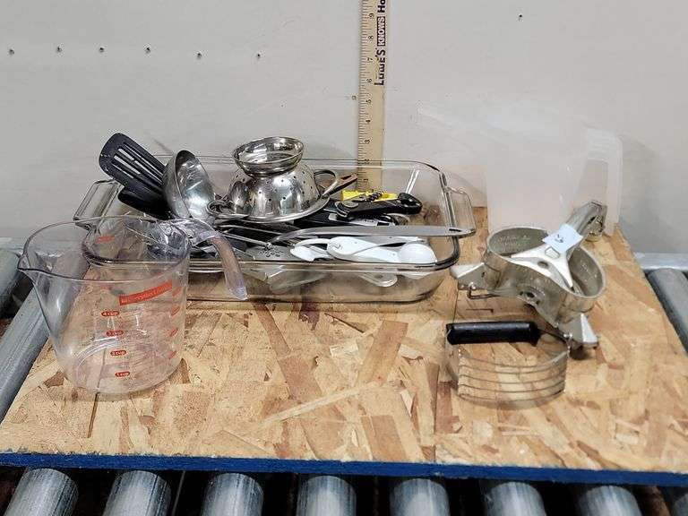 ASSORTED KITCHEN UTENSILS, GLASS PAN & MORE. 18C