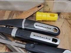 ASSORTED KITCHEN UTENSILS, GLASS PAN & MORE. 18C