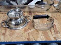 ASSORTED KITCHEN UTENSILS, GLASS PAN & MORE. 18C