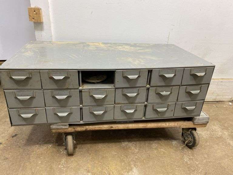 18-drawer metal cabinet with contents 34" x 18" x 10.5" tall