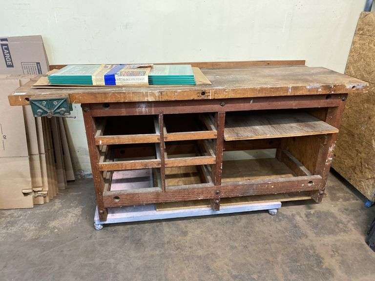 Large work bench (not on wheels, glass not included) 6' x 32" x 32" tall