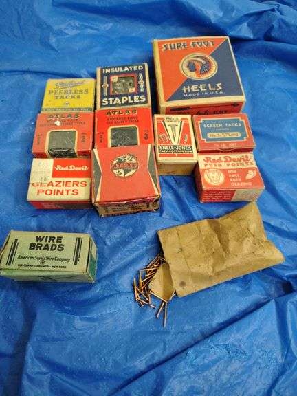 Screen Tacks Vintage boxes of screen tack, heels, Staples, carpet tacks and more ...