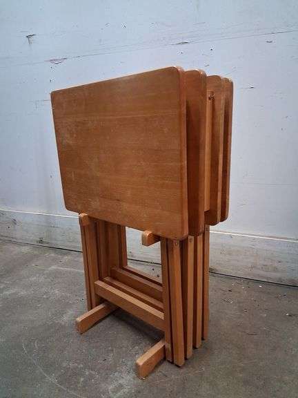 4 wood tray tables on stand