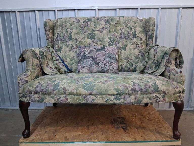 Loveseat with grape upholstery, approx 50x24x38in