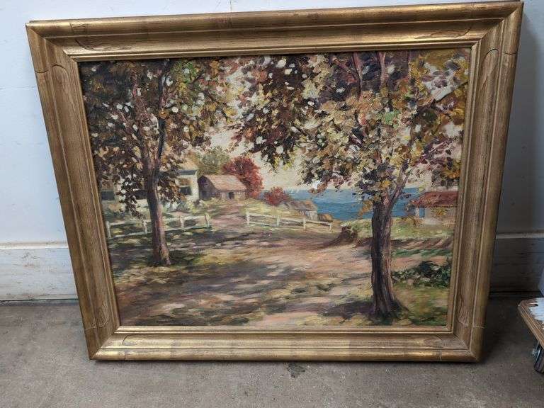 Original oil on canvas yard and lake 35.5" x 34"