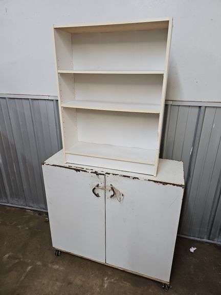 Wooden bookshelf and metal storage cabinet on wheels 36x13x34