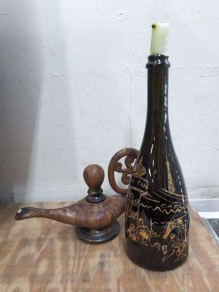 Hand painted wine bottle, ceramic genie oil lamp. 1b