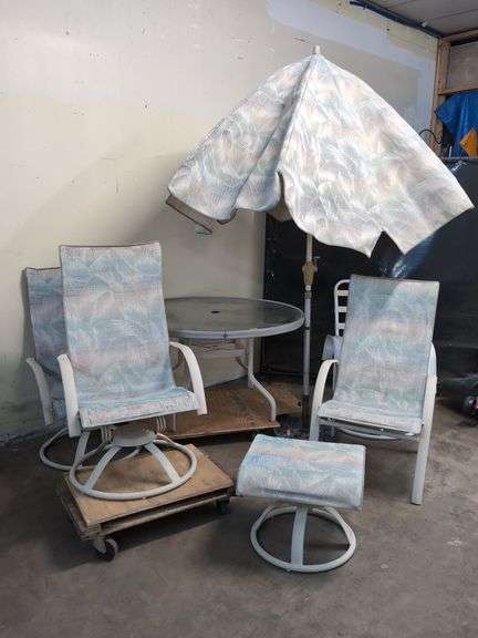 Patio set with table, umbrella, 1 chair, 3 rockers and footstool