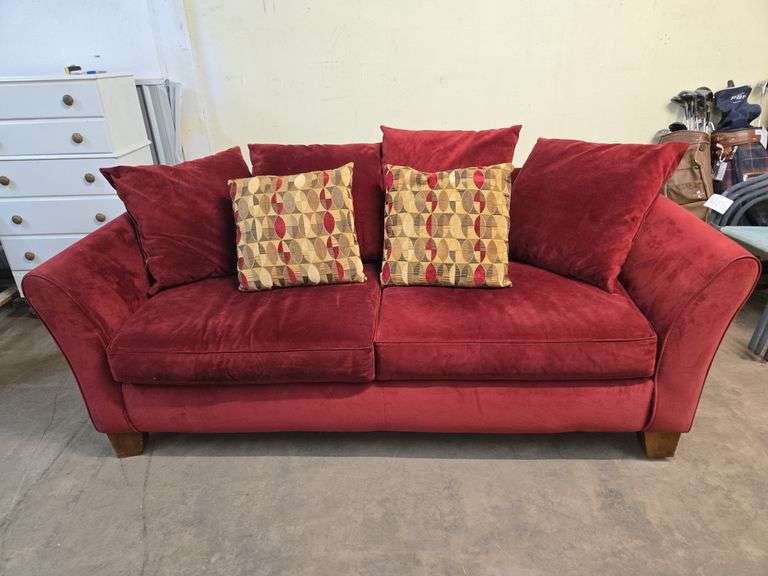 Very Nice Burgundy Suede Couch with Accent Pillows
