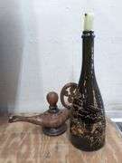 Hand painted wine bottle, ceramic genie oil lamp. 1b
