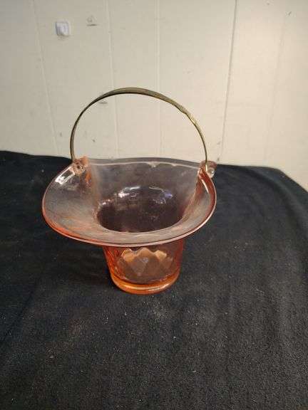 Pink depression glass basket